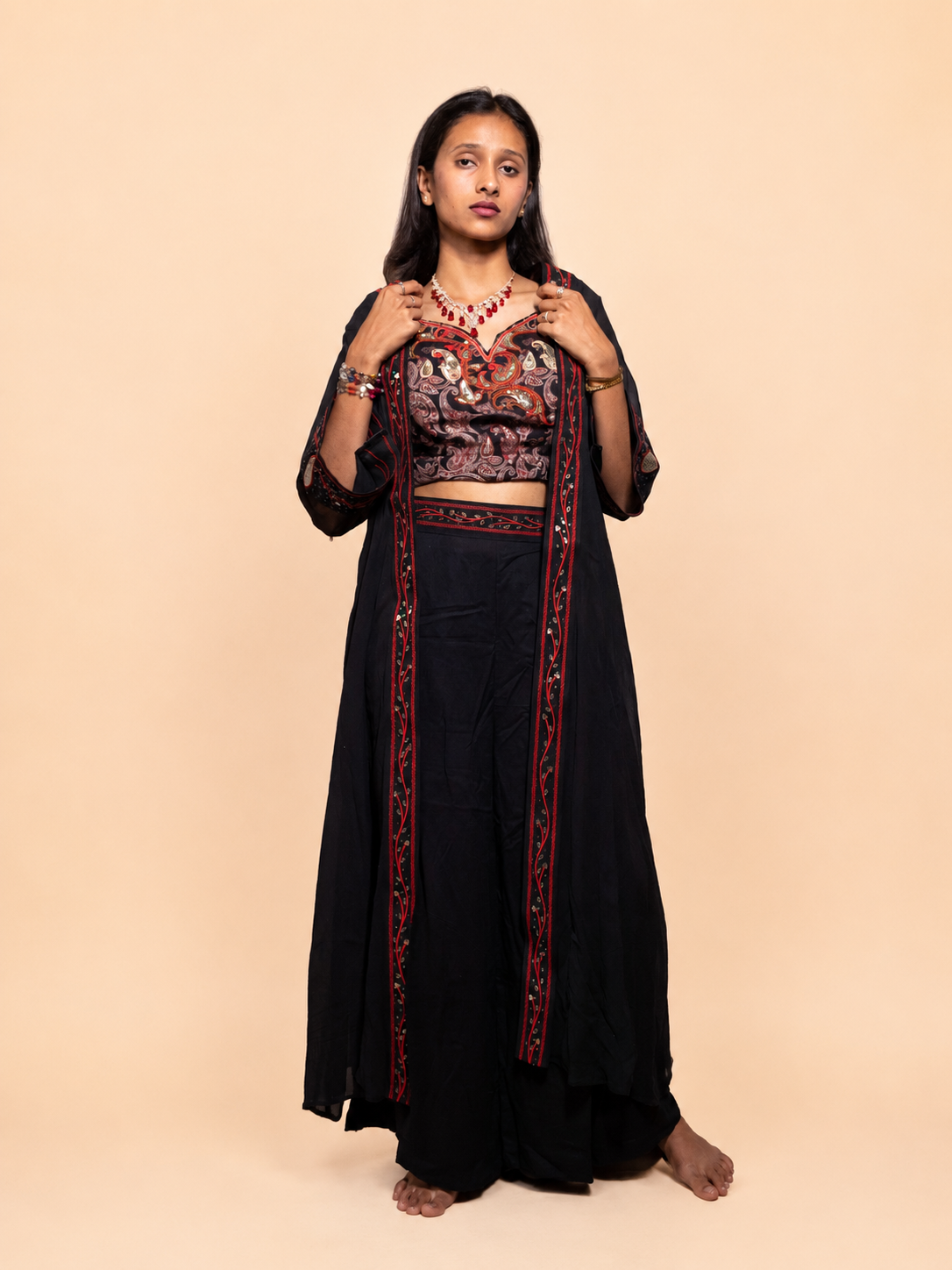 Black Crop Top Set With Long Jacket